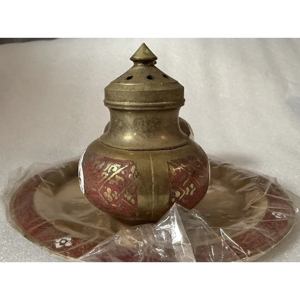 Vintage Siam Thailand Brass Enamel Buddha Salt Pepper Shakers Tray Red